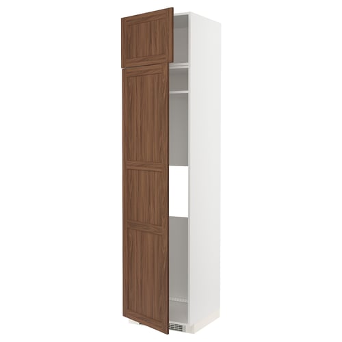 An open ikea METOD cabinet with enköping walnut beige doors in a classic style, featuring adjustable shelves.