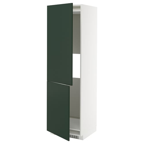 A white METOD kitchen cabinet with green havstorp doors, featuring a tall, rectangular shape with an adjustable shelf and a 25-year guarantee.