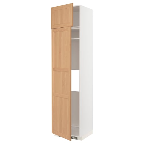 METOD tall kitchen cabinet, white and oak, open door, adjustable shelves.