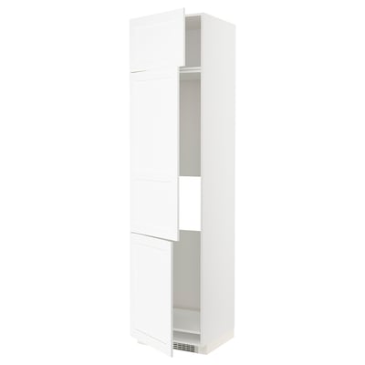METOD, a white kitchen cabinet with sleek, wood-like grain, tall and rectangular, featuring adjustable shelves and durable fiberboard construction.