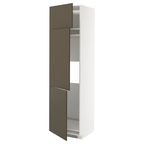 A white METOD kitchen cabinet with dark brown havstorp doors, featuring adjustable shelves and a modern design.