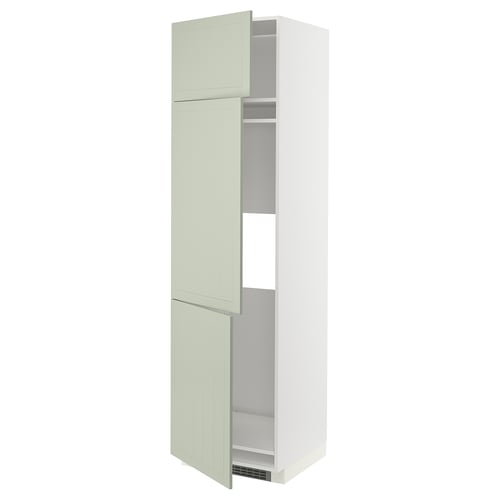 A tall, sleek METOD kitchen cabinet with three green stensund doors. It has an adjustable shelf and a modern, minimalist design.