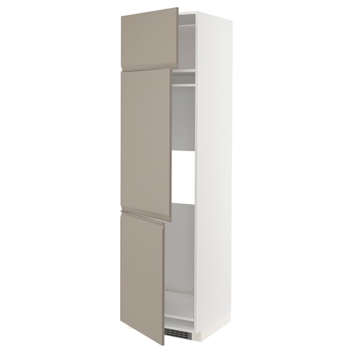 METOD kitchen unit with 3 matte grey-beige doors, vertical design, open showing shelves.