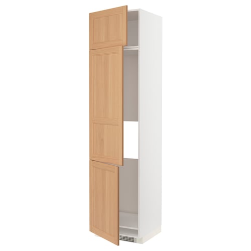 White cabinet with oak doors, tall and slim, one door open.