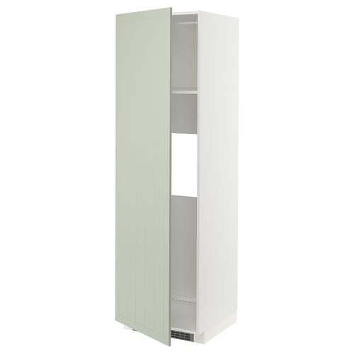 This image shows a tall, white METOD kitchen cabinet with a green door, featuring an adjustable shelf inside.
