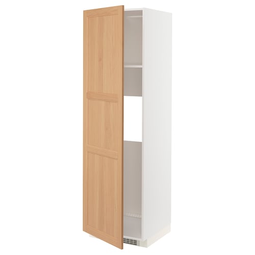 This image shows an open, tall, white kitchen cabinet with a natural oak door. It has two shelves inside.