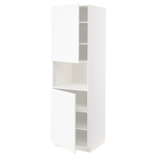 White METOD cabinet, tall with one open door, adjustable shelves, modern design.