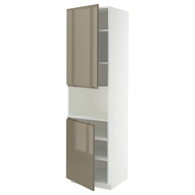 METOD High cab f micro w 2 doors/shelves, white/Voxtorp high-gloss dark grey-brown, 60x60x220 cm