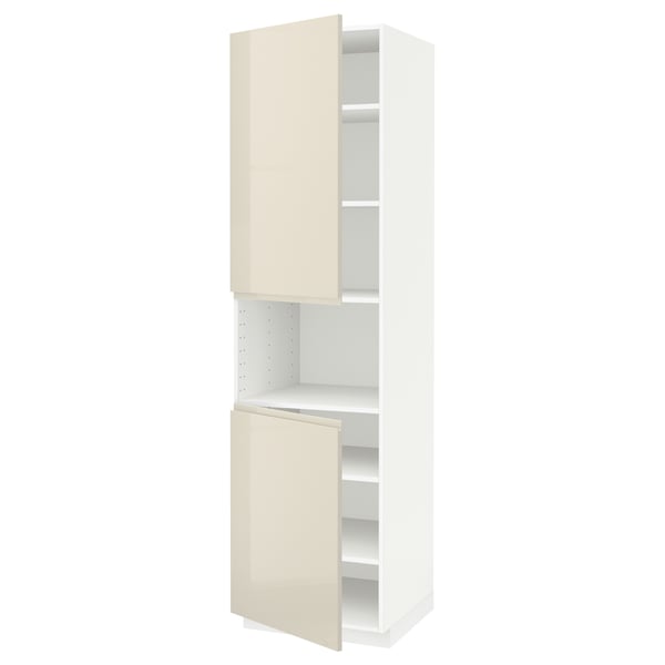 METOD High cab f micro w 2 doors/shelves, white/Voxtorp high-gloss light beige, 60x60x220 cm