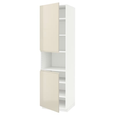 METOD High cab f micro w 2 doors/shelves, white/Voxtorp high-gloss light beige, 60x60x220 cm