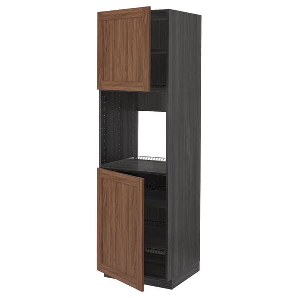 METOD High cab f oven w 2 doors/shelves, black Enköping/brown walnut effect, 60x60x200 cm