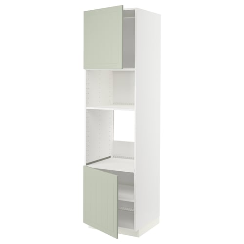 A tall, slim METOD kitchen cabinet in white with green stensund doors, featuring an adjustable shelf and a 25-year guarantee.