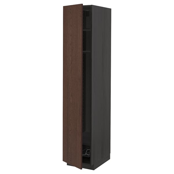 METOD High cabinet w shelves/wire basket, black/Sinarp brown, 40x60x200 cm