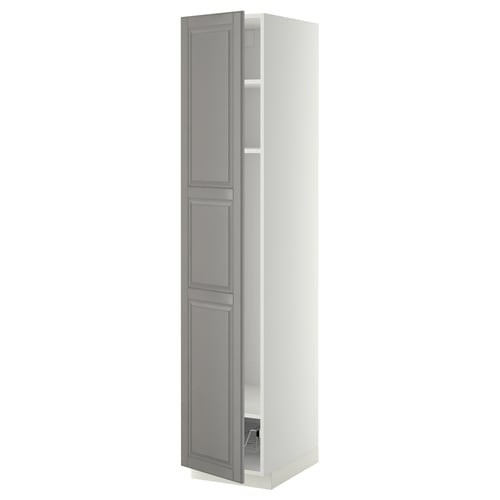 A tall, grey METOD kitchen cabinet with a classic design, featuring adjustable shelves and a sturdy frame.