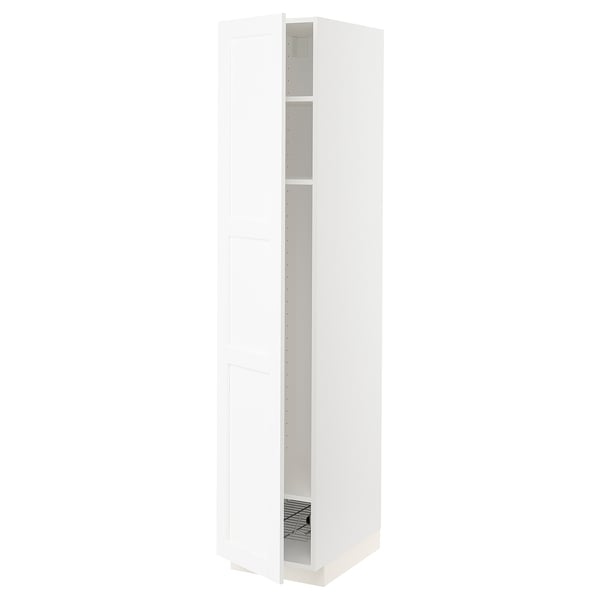 White kitchen cabinet with shelves, tall, modern design.