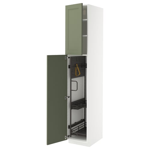 An open green and white METOD kitchen cabinet with a modern design and snap-on hinges.