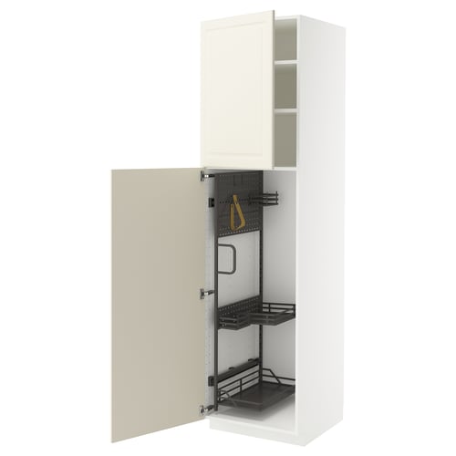 METOD off-white kitchen cabinet, open with shelves and organiser.