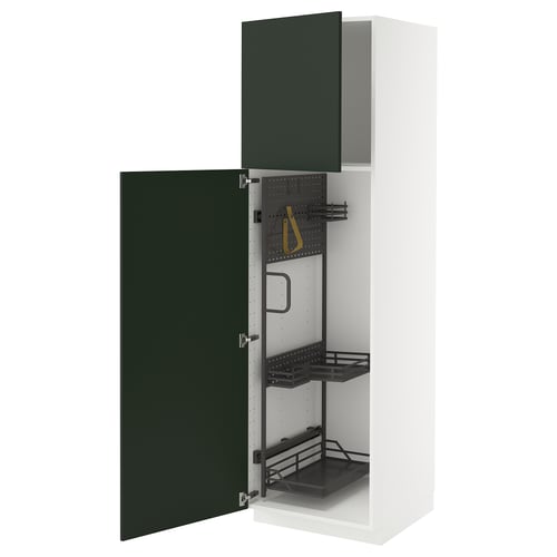 A white METOD kitchen cabinet with green doors and internal organisers.