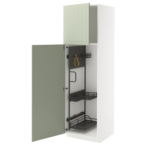 METOD green kitchen cabinet with organiser and shelves.