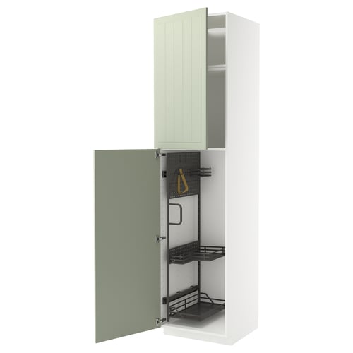 METOD narrow green storage cabinet with two shelves, open door