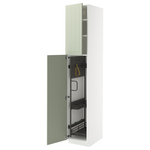 METOD kitchen cabinet in green with pull-out organisers, white frame, square shape.