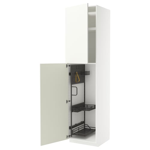 A white METOD kitchen cabinet with one door open, revealing several black pull-out shelves and organisers.