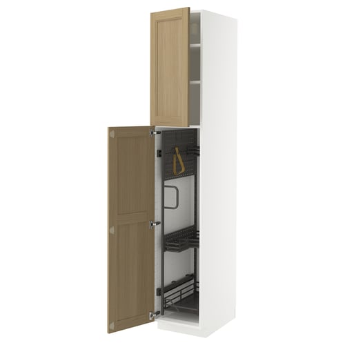 METOD kitchen cabinet in white with oak door, open showing shelves.