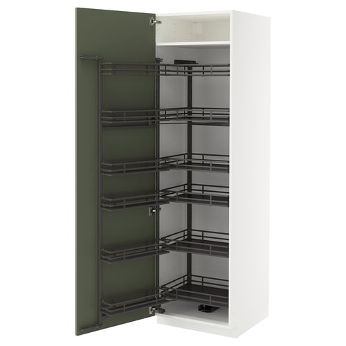 A white METOD kitchen cabinet with multiple pull-out shelves and a green door.