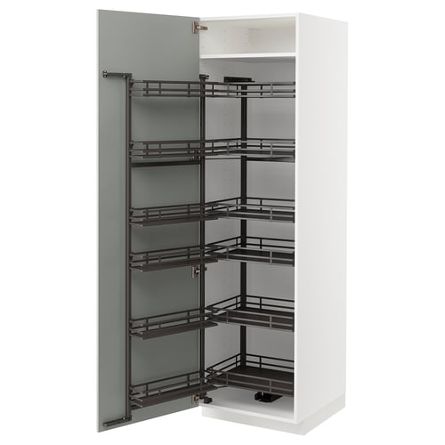 Modern white kitchen cabinet with pull-out shelves and grey interior.