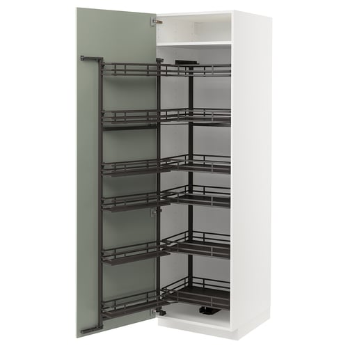 METOD kitchen cabinet, white with green glass door, pull-out shelves, modern design.