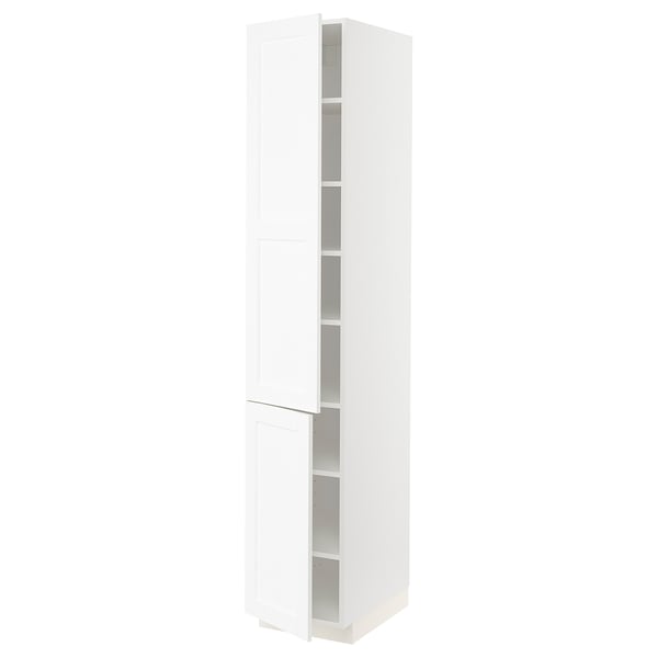 A white METOD high cabinet with adjustable shelves. Sleek, minimalist design suitable for modern kitchens.