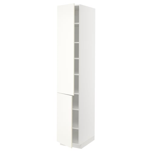 White METOD tall storage cabinet with open shelves.