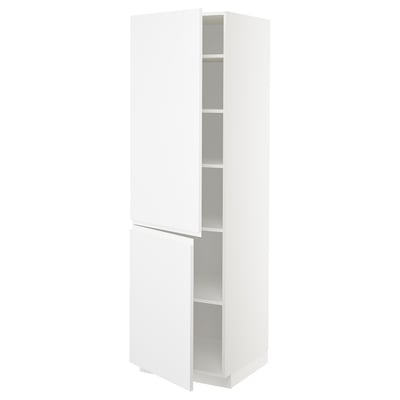 White METOD tall kitchen cabinet with double doors and adjustable shelves. Minimalist design with integrated handles.