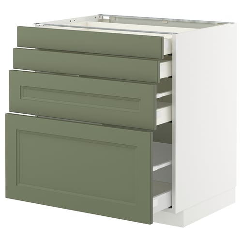 METOD kitchen unit: grey-green drawers, white base, three drawers, modern design.
