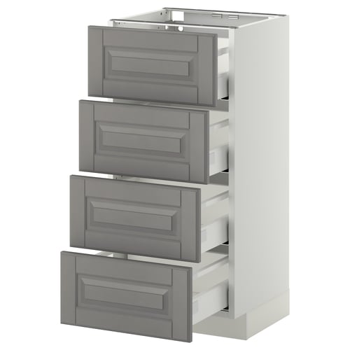 A grey METOD kitchen cabinet with four open drawers. It a modern design with bevelled drawer edges and a sturdy structure.