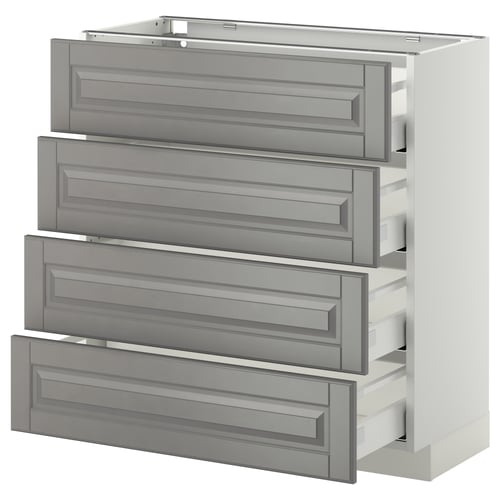 Modern grey kitchen drawer unit, four silver handles, white frame, sleek design.