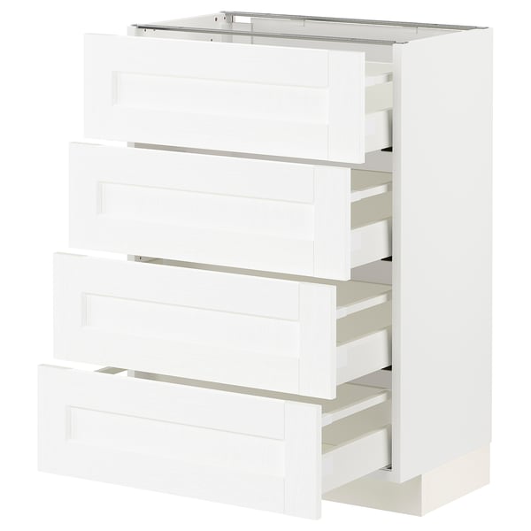 White METOD kitchen unit with four open drawers, modern minimalist design.