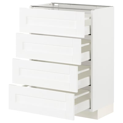 White METOD kitchen unit with four open drawers, modern minimalist design.
