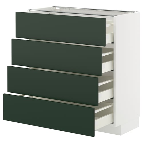 METOD kitchen unit with green drawers, white frame, modern style, four-level design.