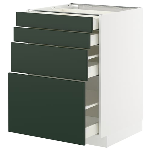 Ikea METOD kitchen unit: dark green drawers, white frame, modern, 4 pull-out drawers.