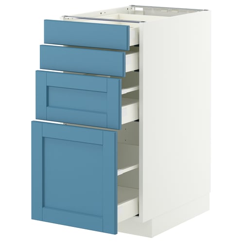A white and blue METOD kitchen cabinet with multiple drawers. It a sleek design with a sturdy frame and a smooth finish.