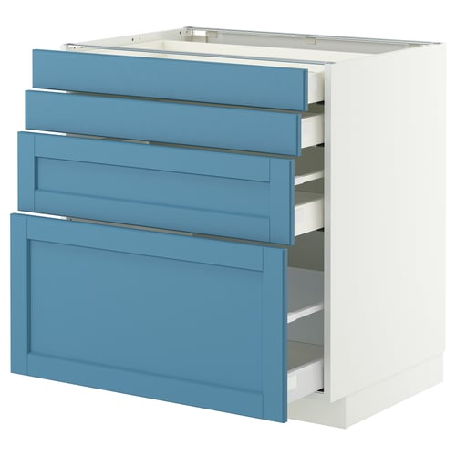 A blue METOD kitchen cabinet with three drawers and a white base. The drawers are partially open.