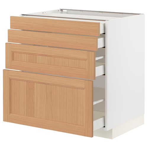 Modern kitchen unit with oak drawers, white frame, and robust design.