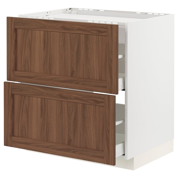 METOD / MAXIMERA Base cab f hob/2 fronts/2 drawers, white Enköping/brown walnut effect, 80x60 cm