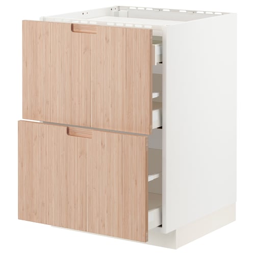 Modern kitchen cabinet with white & wood drawers, 2 open