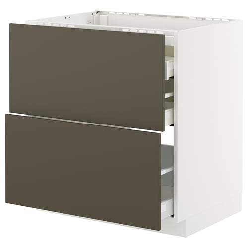 METOD kitchen cabinet with 2 brown drawers, white frame, smooth and modern design.