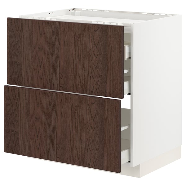 METOD / MAXIMERA Base cab f hob/2 fronts/3 drawers, white/Sinarp brown, 80x60 cm