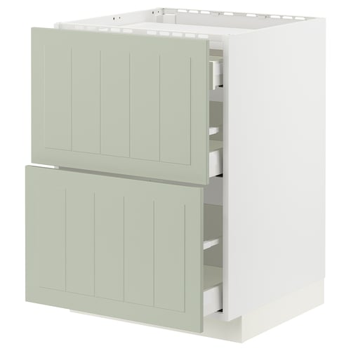 A white METOD kitchen cabinet with green stensund drawer fronts. It has two drawers and is designed with a modern, clean aesthetic.