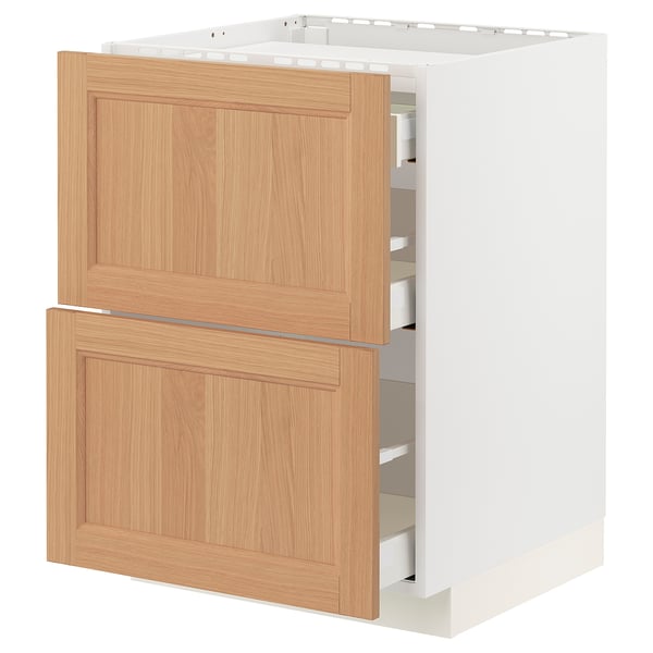 METOD / MAXIMERA Base cab f hob/2 fronts/3 drawers, white/Vedhamn oak, 60x60 cm
