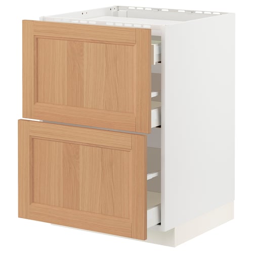 METOD kitchen cabinet in white and oak wood tone, featuring three drawers with smooth, natural wood fronts and a sturdy base.